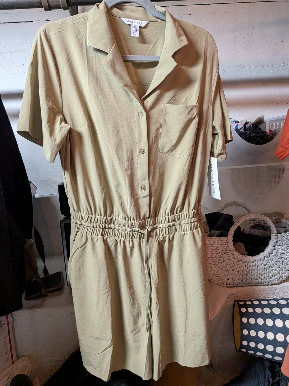 Athleta Tan Short-Sleeve Button Romper, M, Tall
